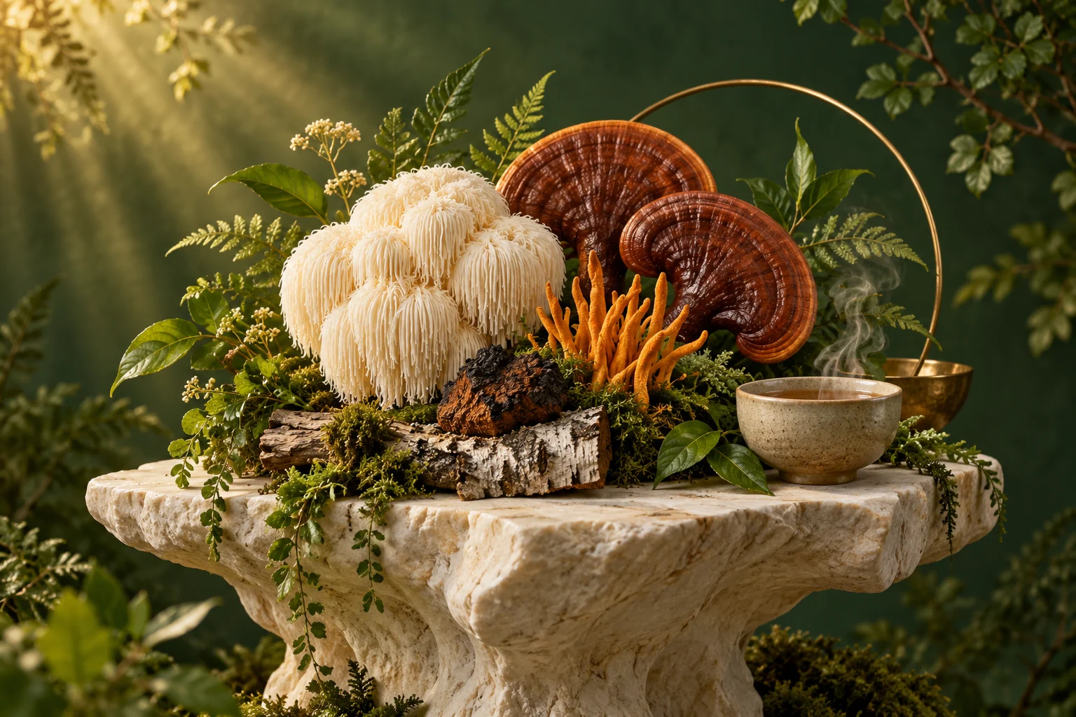 Functional mushroom and tea editorial illustration