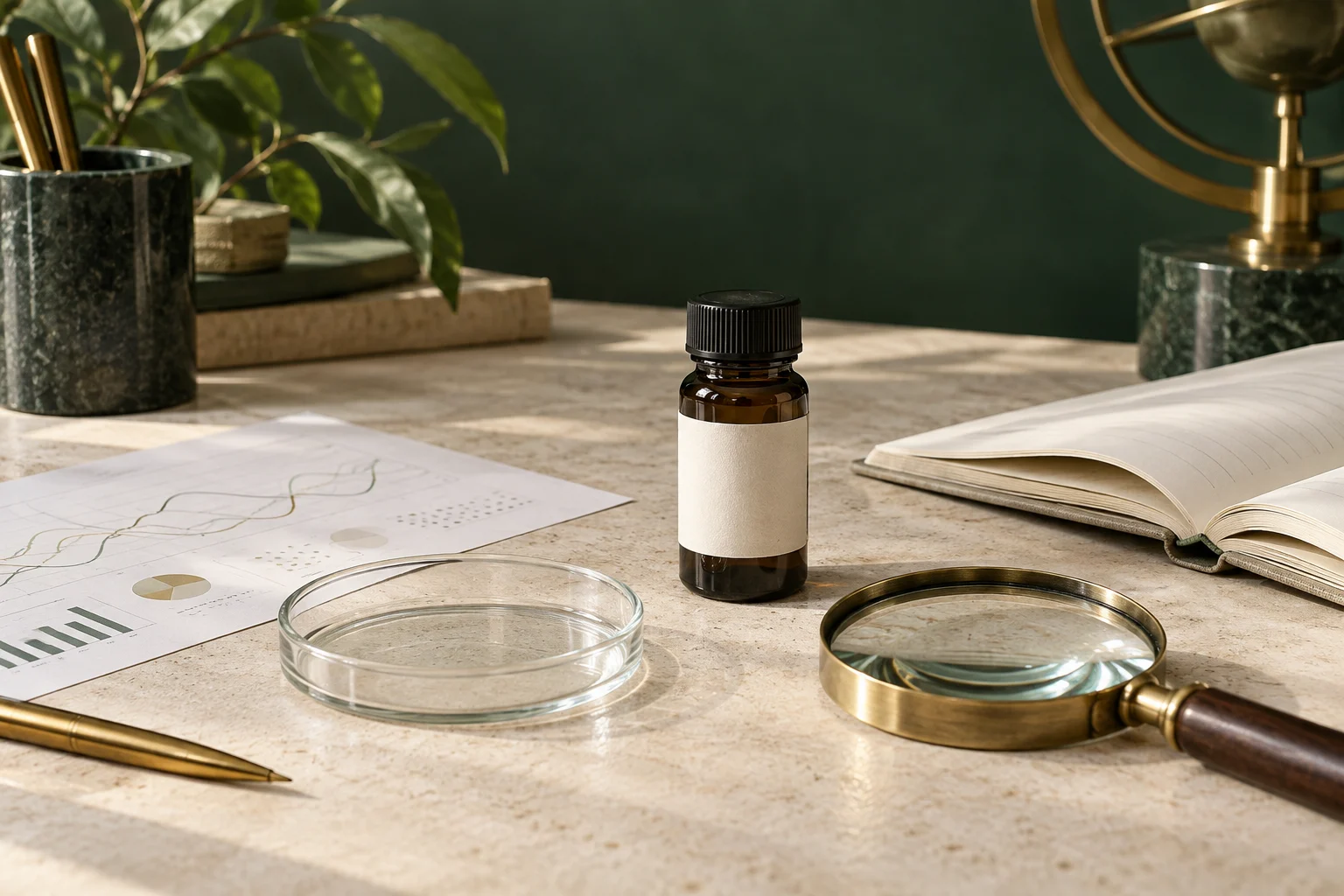 Editorial illustration of a sample vial and research notes