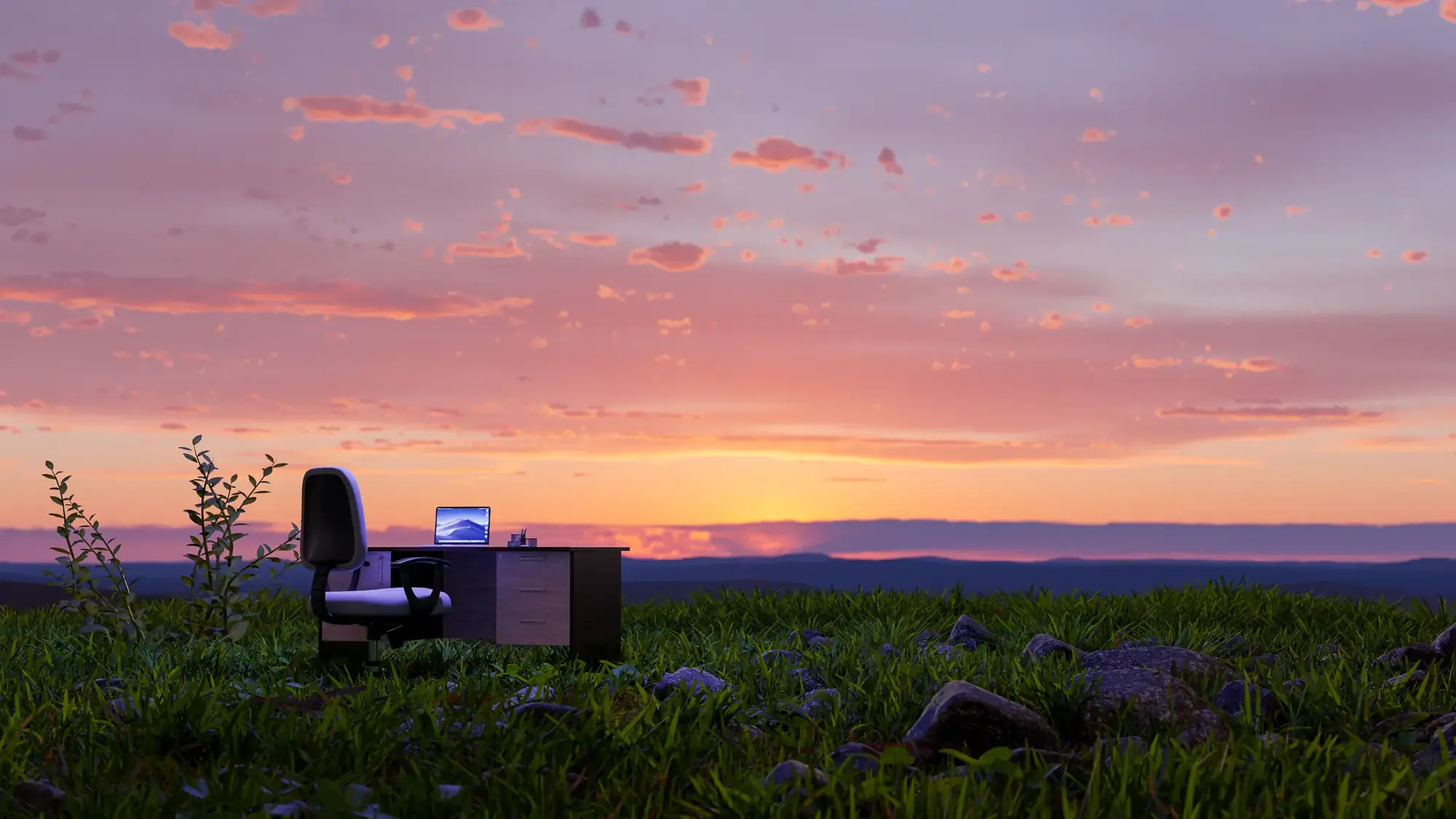 An office desk left out in an open field at sunset, the Urban Alchemist invitation to slow down for ten minutes