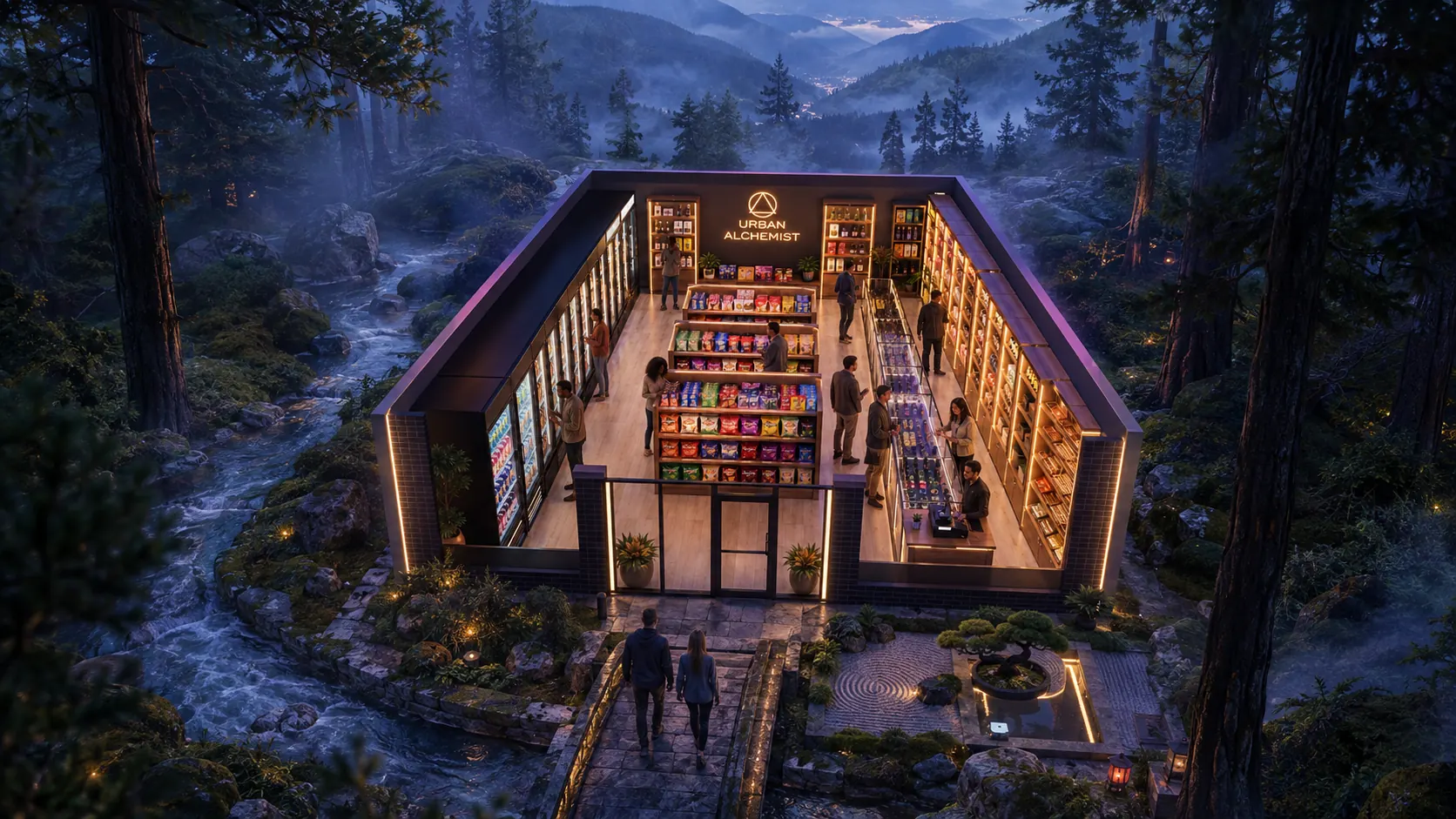 The Urban Alchemist shop at 2219 N Clybourn Ave in Lincoln Park, Chicago, lit up and open, shown in a quiet forest clearing